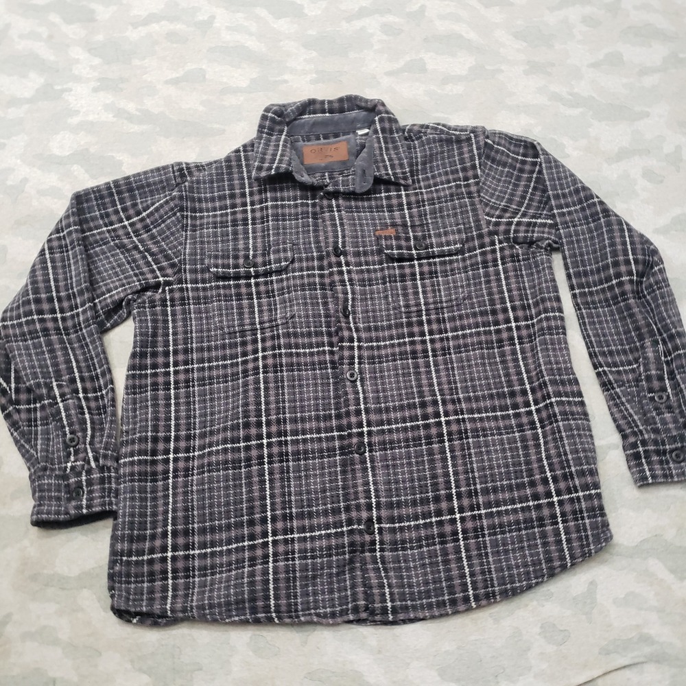 Orvis Flannel Shirt Mens XL Gray Plaid Lined Heavy Long Sleeve Button-Up
